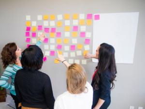 Ihmiset tarkastelevat seinälle järjestettyjä post-it -lappuja.