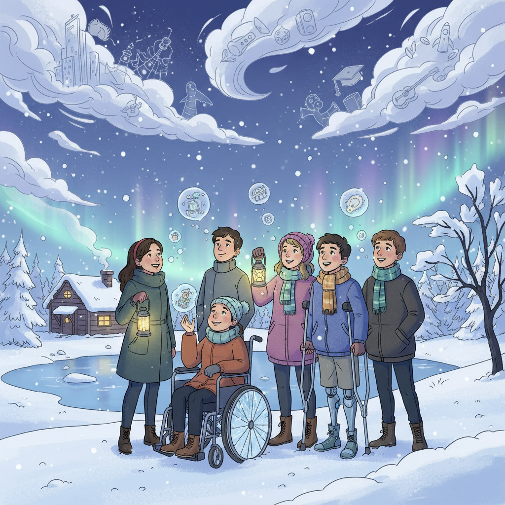 uutiskirje 11/2025 Tekoälyllä luotu piirroskuva. Joukko nuoria lämpimästi pukeutuneina talvisessa säässä. Osa nuorista käyttää liikkumisen apuvälineitä. Ilmassa leijuu symbolisia kuvia nuorten "haaveista": soittimia, valmistujaislakkeja, kotitaloja jne.