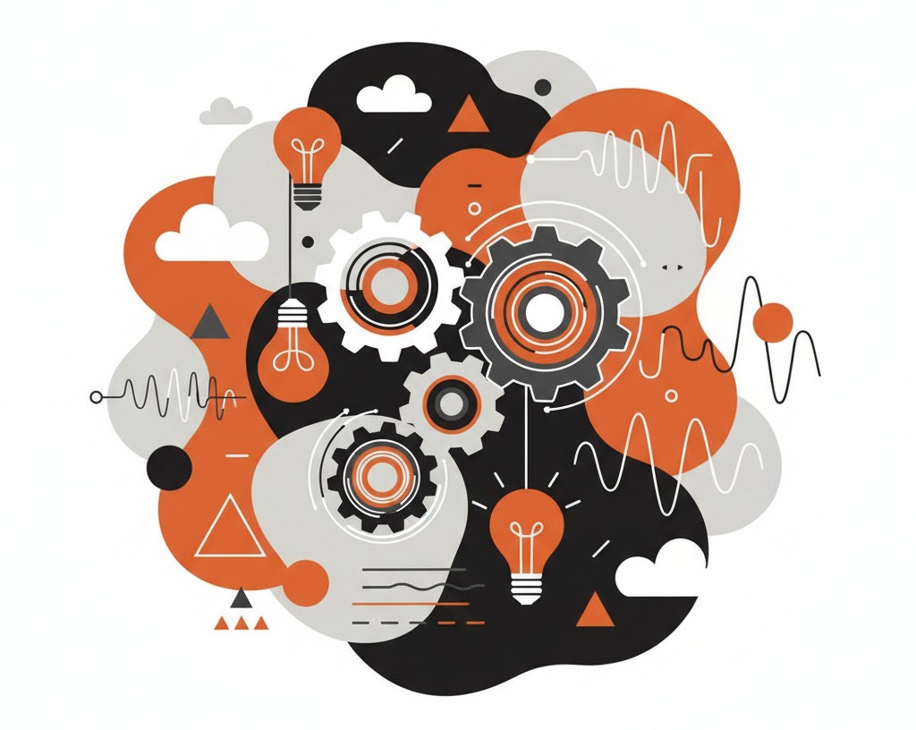 Tekoälyllä luotu abstrakti kuva. Hammasrattaita ja muita ideointiin liittyviä symboleita mustan, oranssin ja harmaan väreissä.
